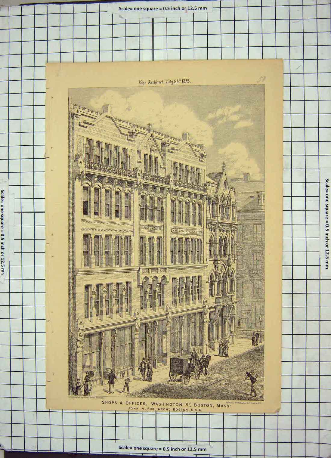 Original Old Antique Print 1875 Architecture Shops Offices Washington Boston