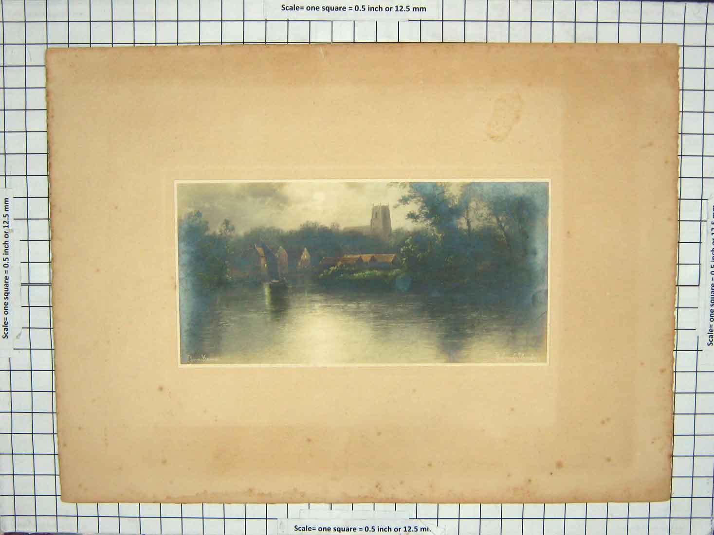 Original Old Antique Print Colour Church River Boat Houses