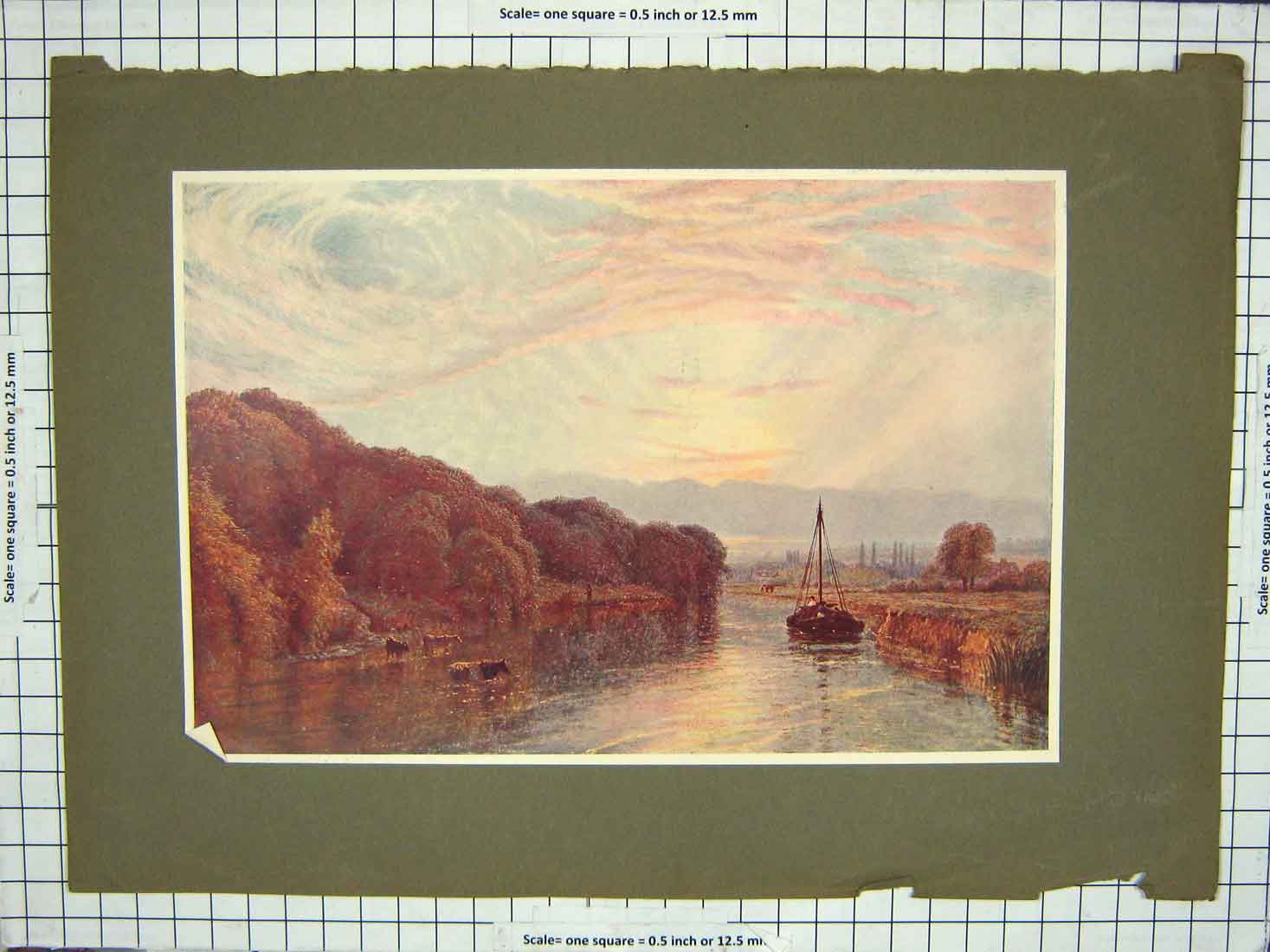 Original Old Antique Print Colour Cattle Boat River Trees Clouds Sky