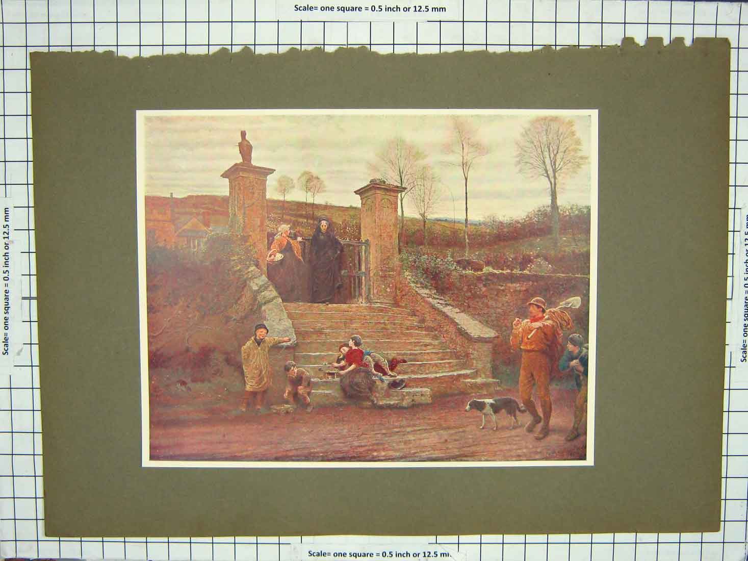 Original Old Antique Print Colour House Steps Children Dog Man Shovel