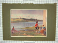 Original Old Antique Print Colour Scottish Siers Lady House River Hens