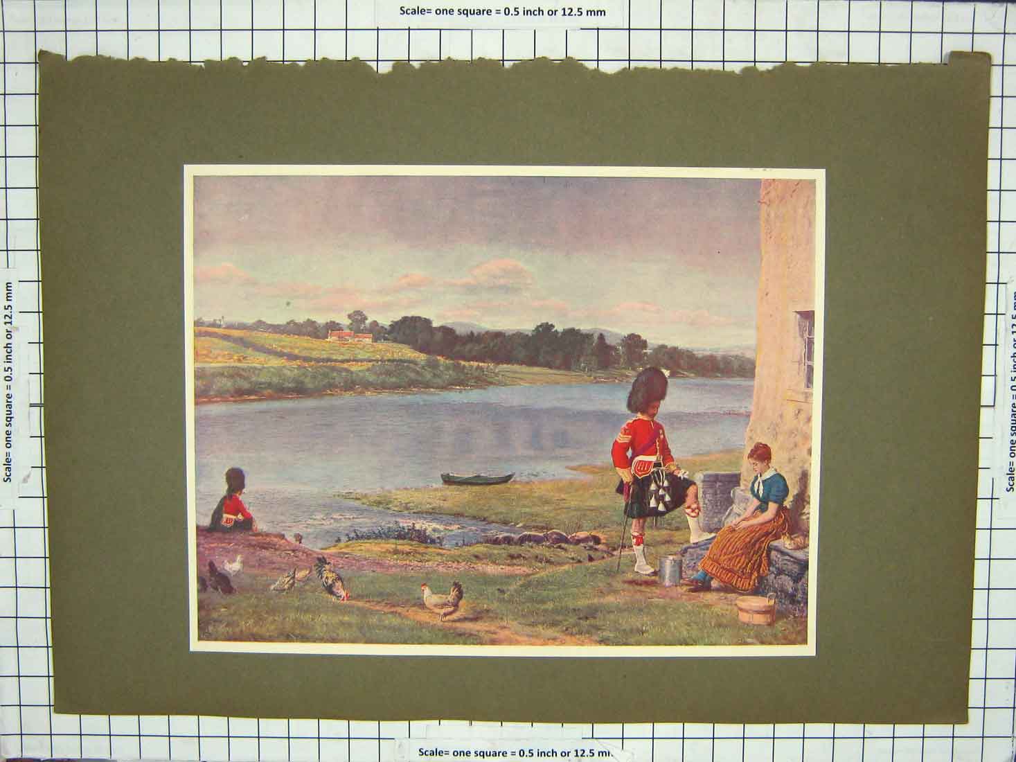 Original Old Antique Print Colour Scottish Siers Lady House River Hens