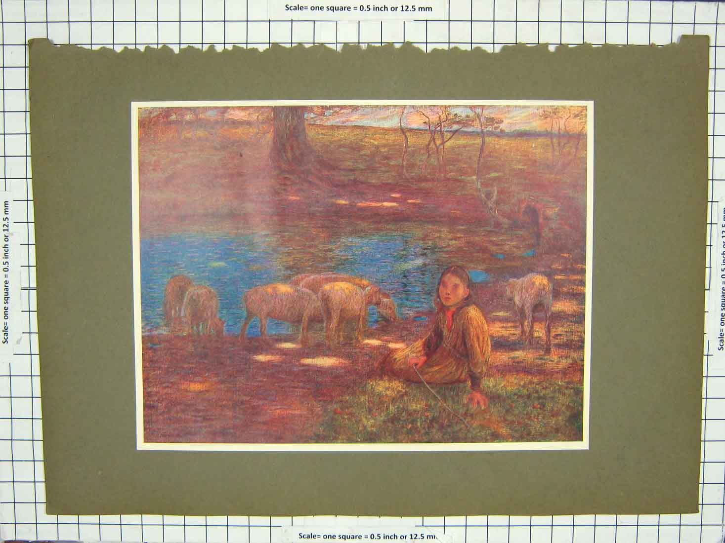 Original Old Antique Print Colour Little Girl Sheep River Trees