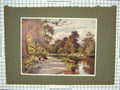 Original Old Antique Print 1900 Colour Countryside River Trees Children 20th