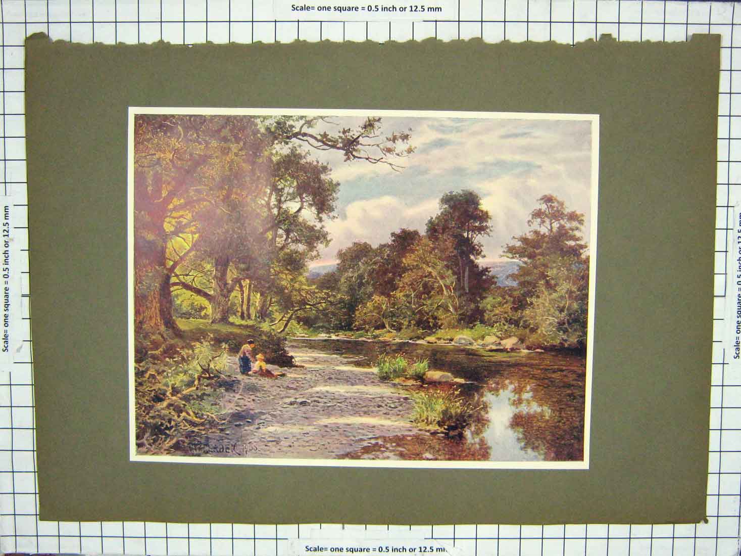 Original Old Antique Print 1900 Colour Countryside River Trees Children 20th