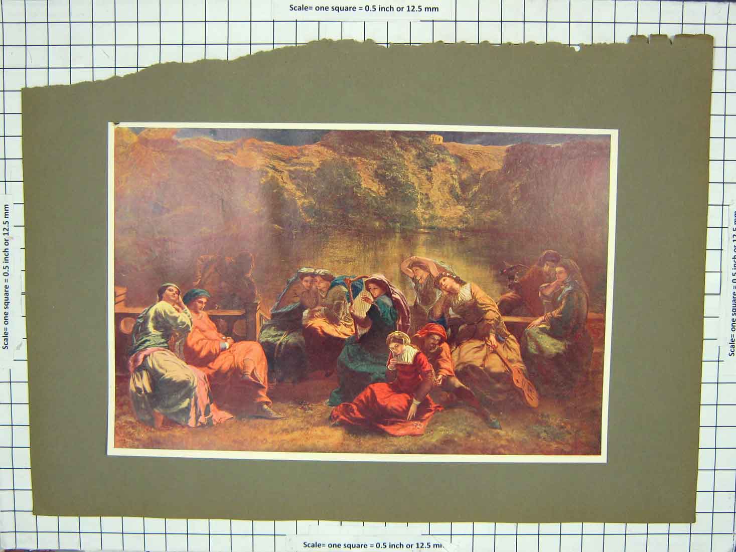 Original Old Antique Print Colour People Music Harp Lake Mountains
