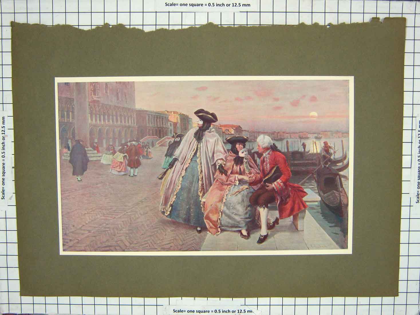 Original Old Antique Print Colour People Masks Gondolas Canal