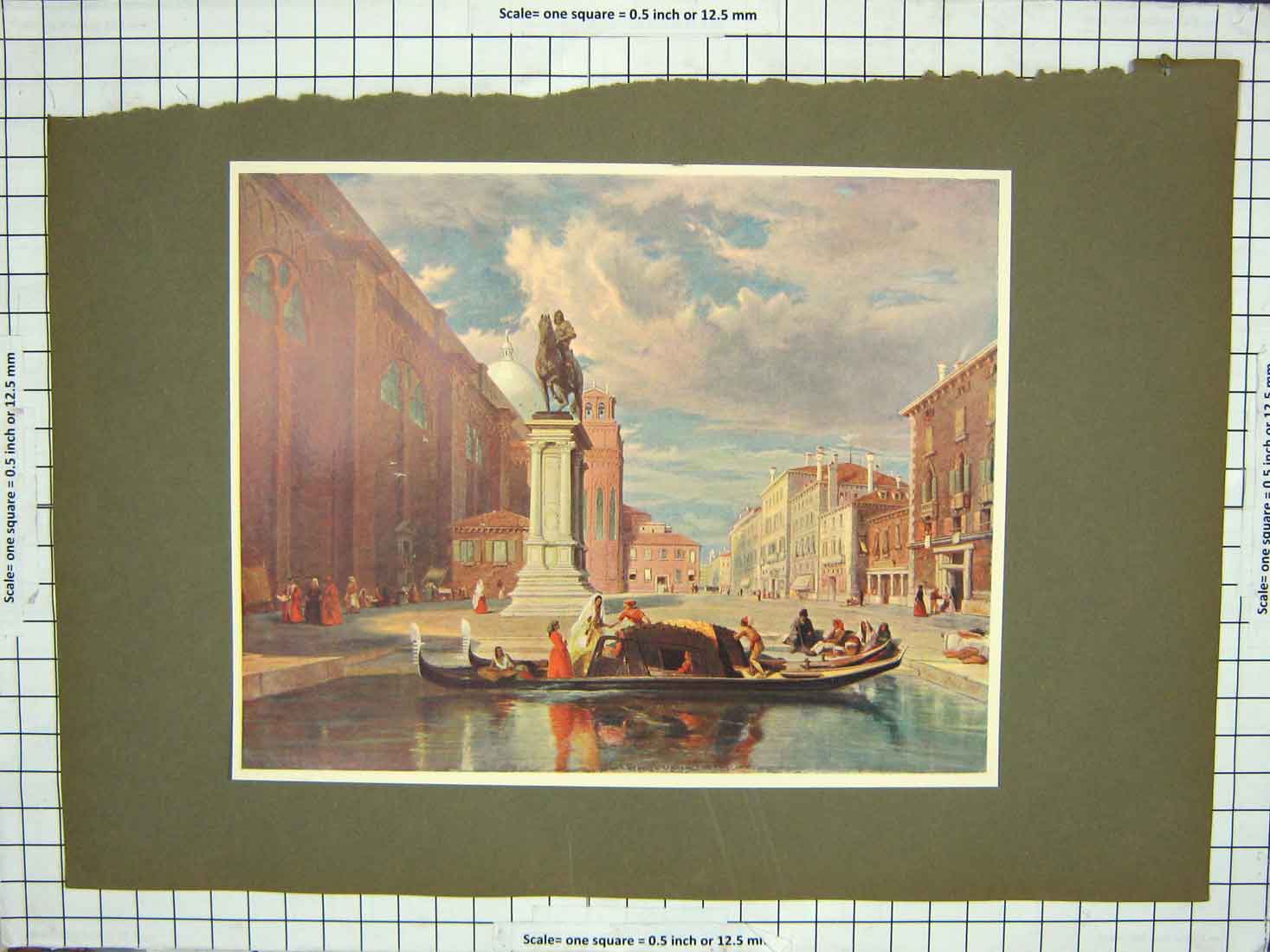 Original Old Antique Print Colour Gondolas Canal Statue Houses