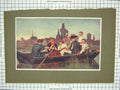 Original Old Antique Print Colour People Canal Boat Funeral
