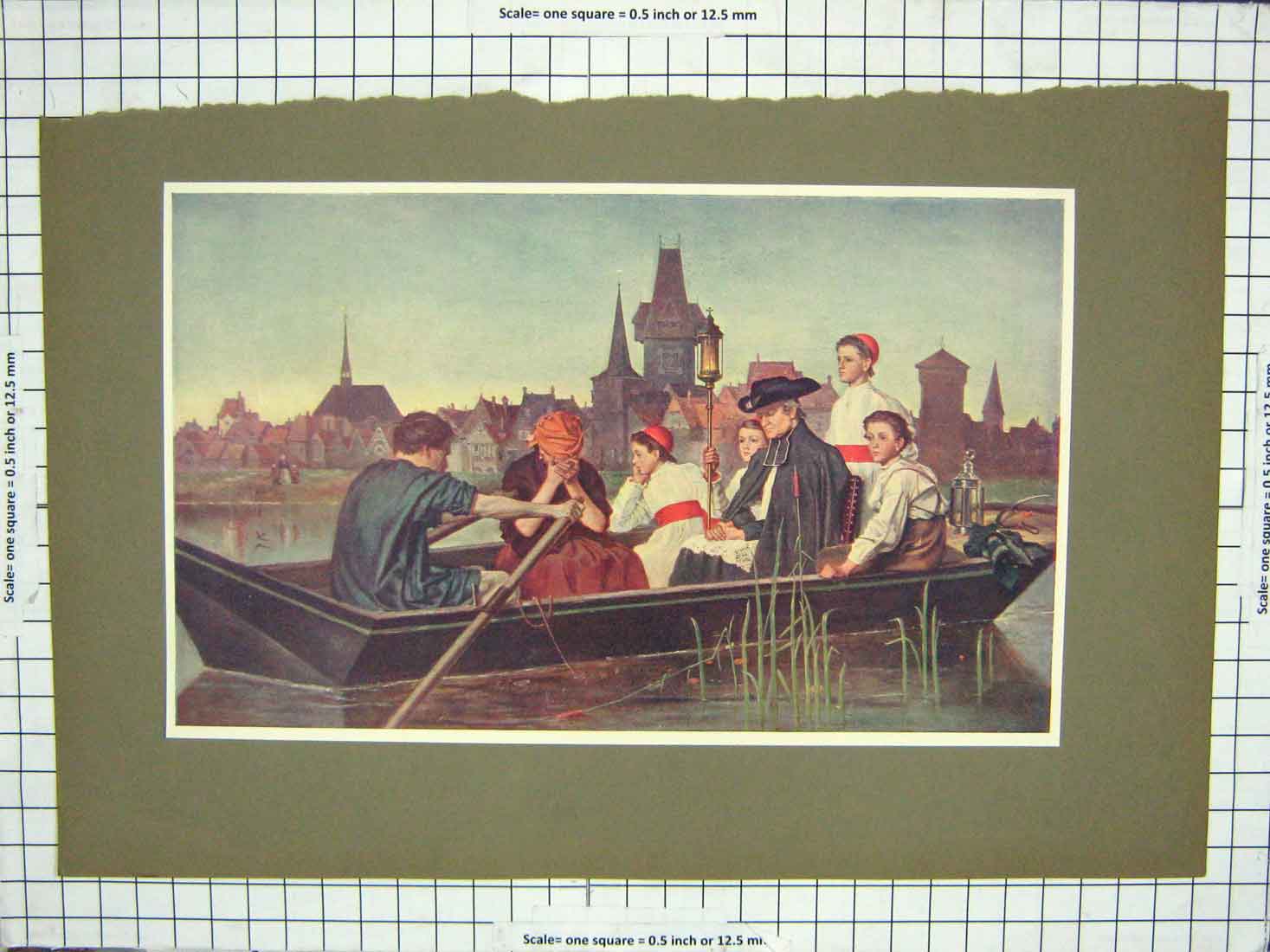 Original Old Antique Print Colour People Canal Boat Funeral