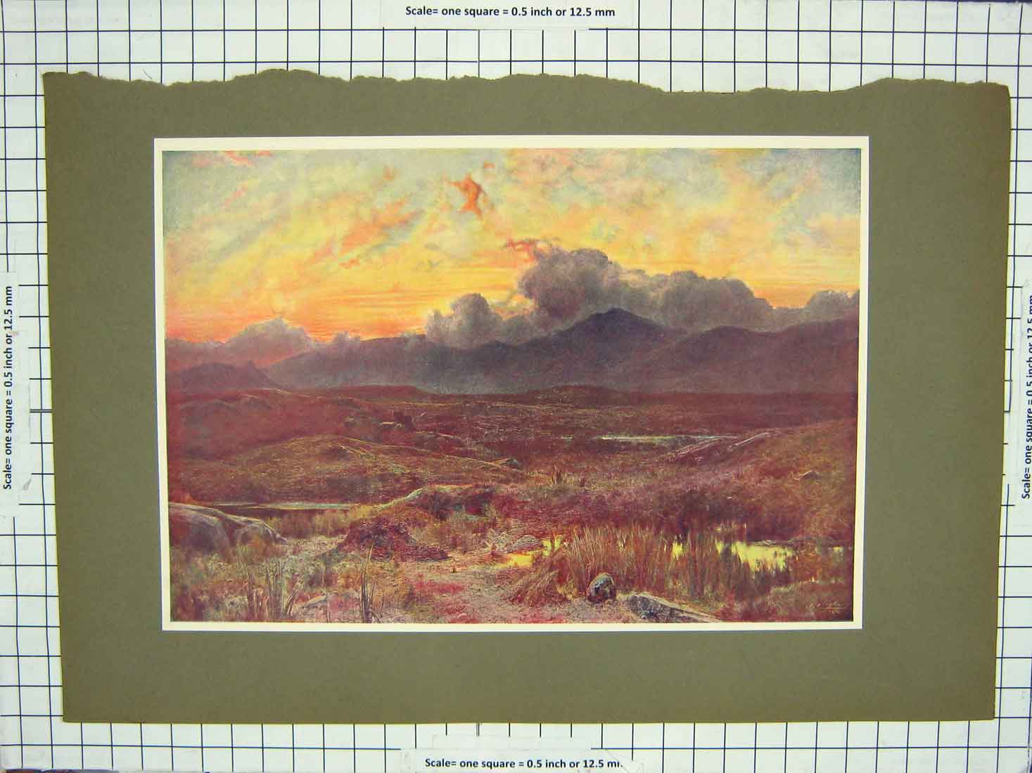 Original Old Antique Print Colour Mountains Clouds Countryside