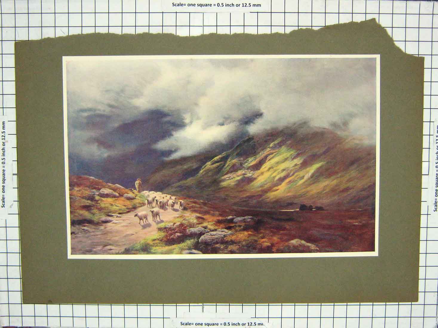 Original Old Antique Print Colour Mountains Shepherd Sheep Clouds Sky
