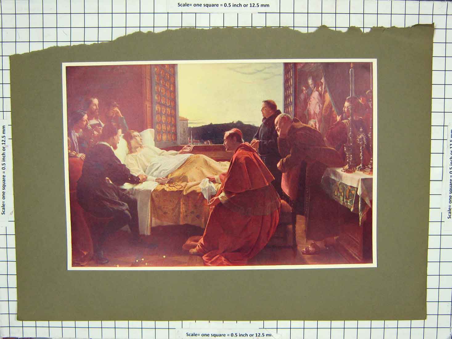 Original Old Antique Print Colour Dying Lady Bed House Religion