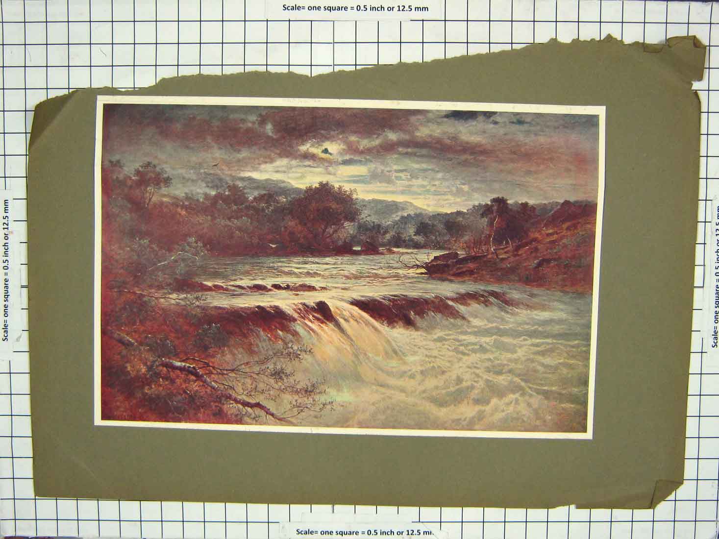 Original Old Antique Print Colour Waterfall River Trees Mountains