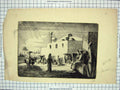 Original Old Antique Print Sketch Market Scene Donkey People Buildings