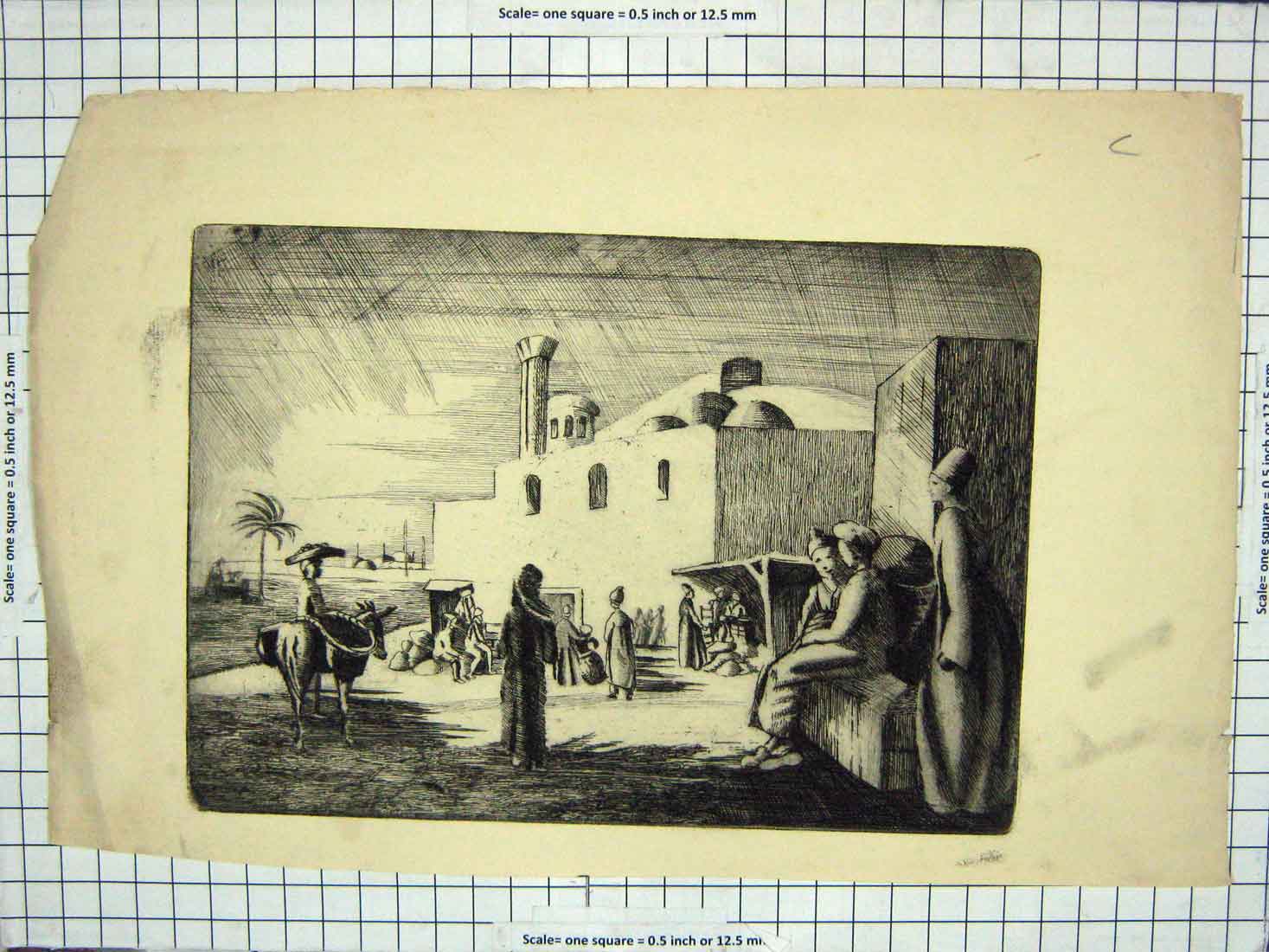 Original Old Antique Print Sketch Market Scene Donkey People Buildings