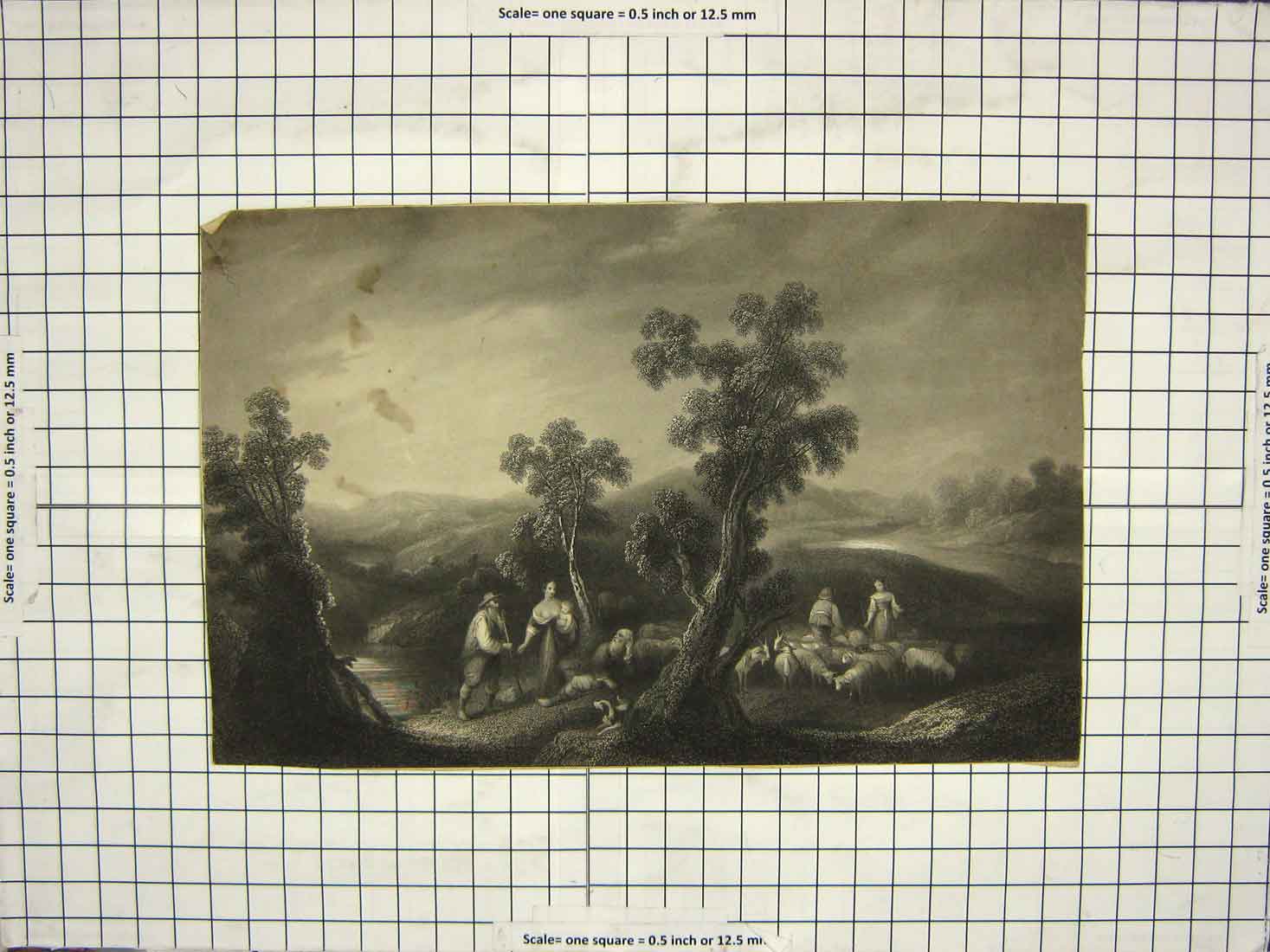 Original Old Antique Print Engraving Countryside Scene Trees Mountains