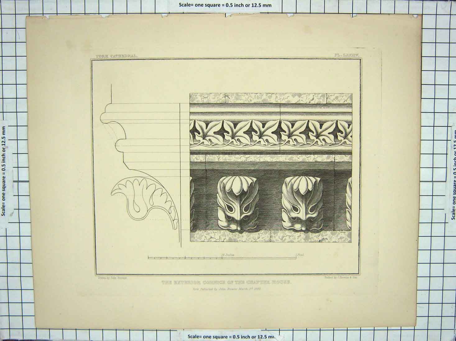 Original Old Antique Print 1842 Exterior Cornice Chapter House Architecture