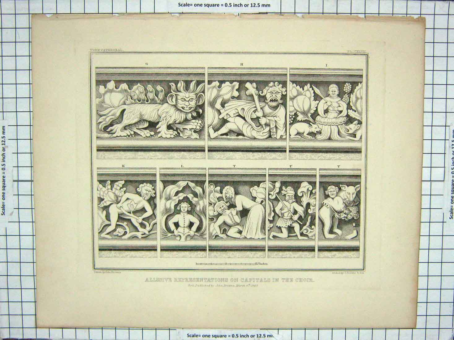 Original Old Antique Print 1847 Representations Capitals Choir John Browne 19th