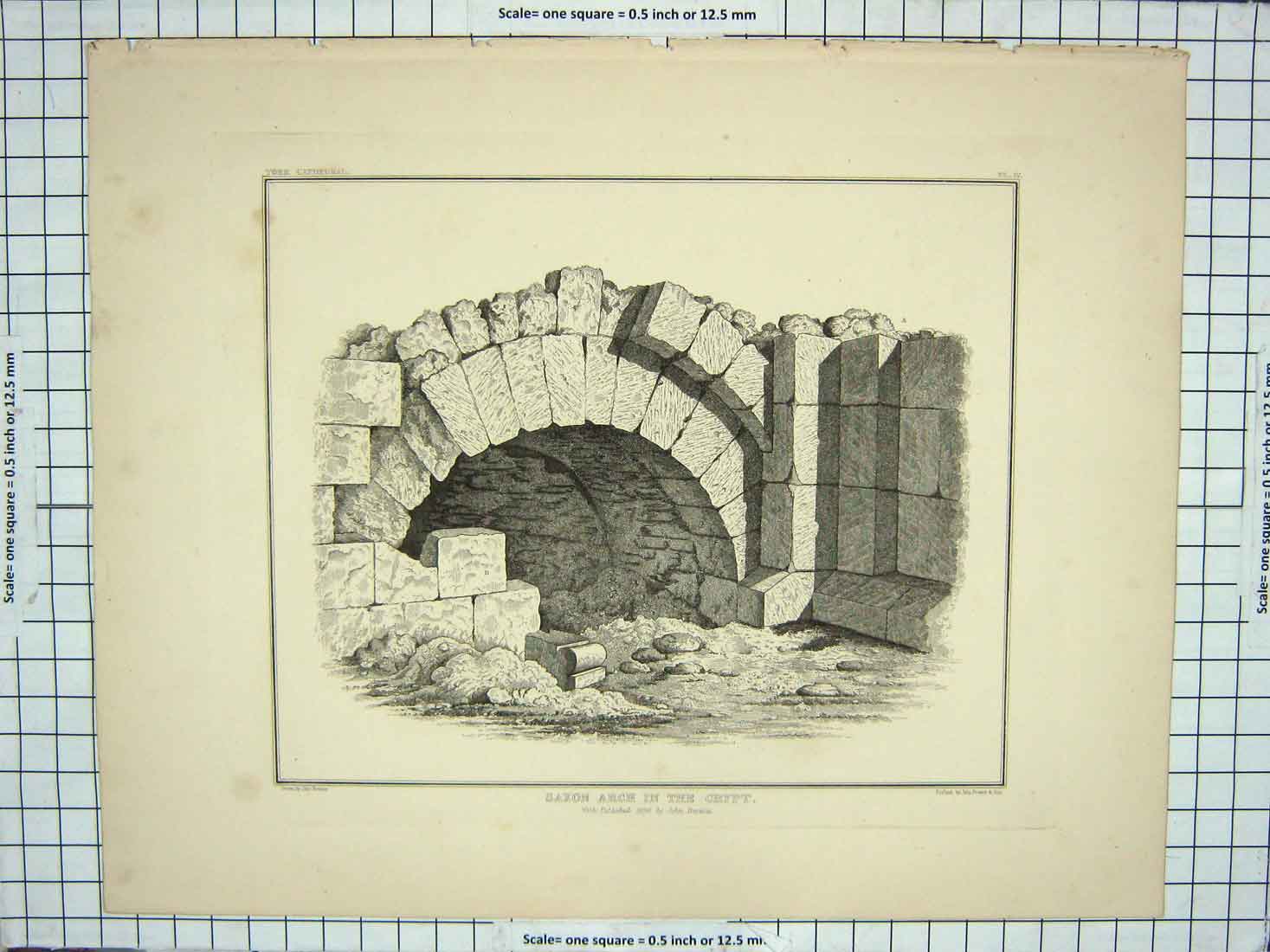 Original Old Antique Print 1838 Saxon Arch Crypt Architecture John Browne 19th