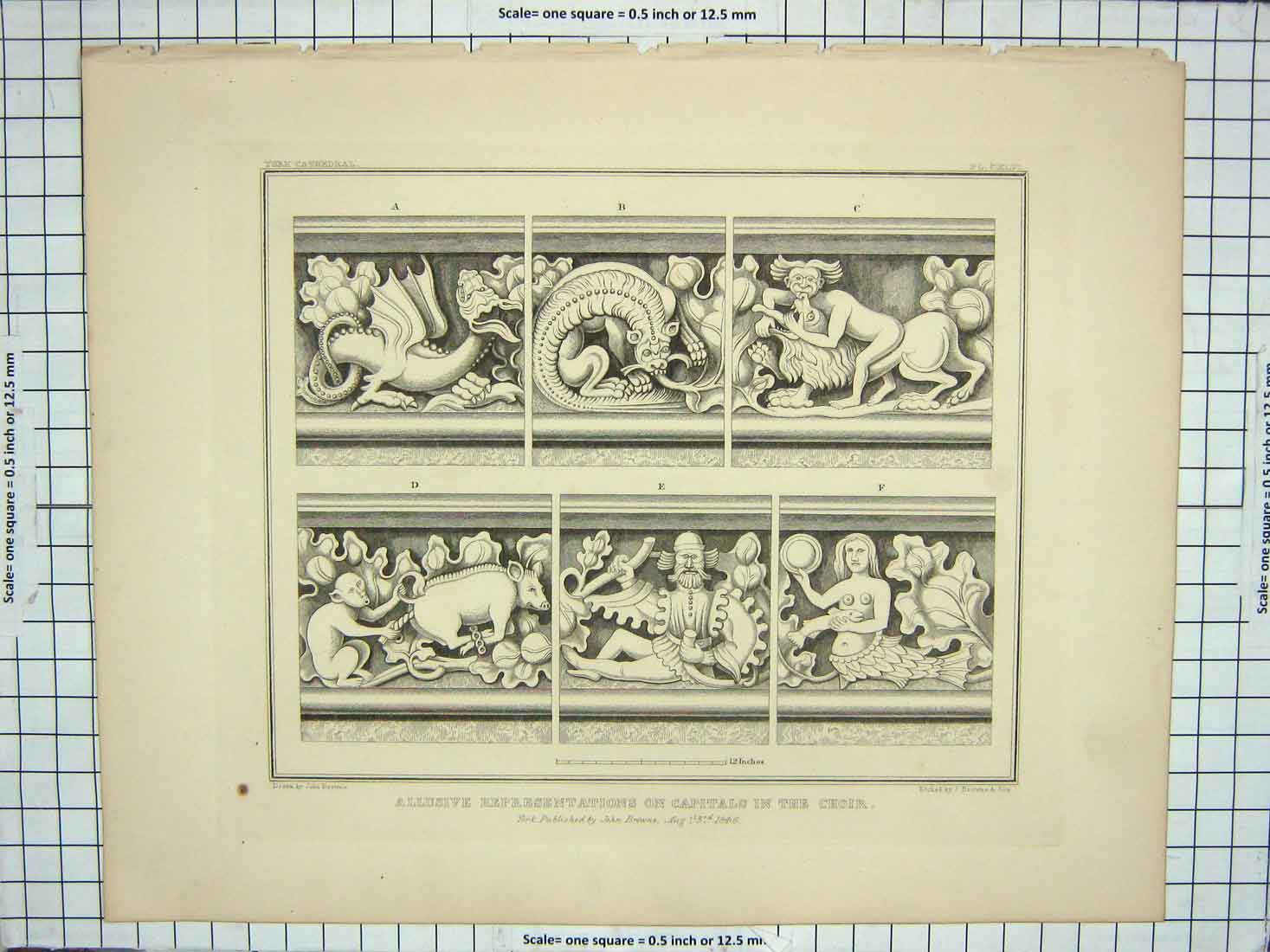 Original Old Antique Print 1846 Representations Capitals Choir John Browne 19th