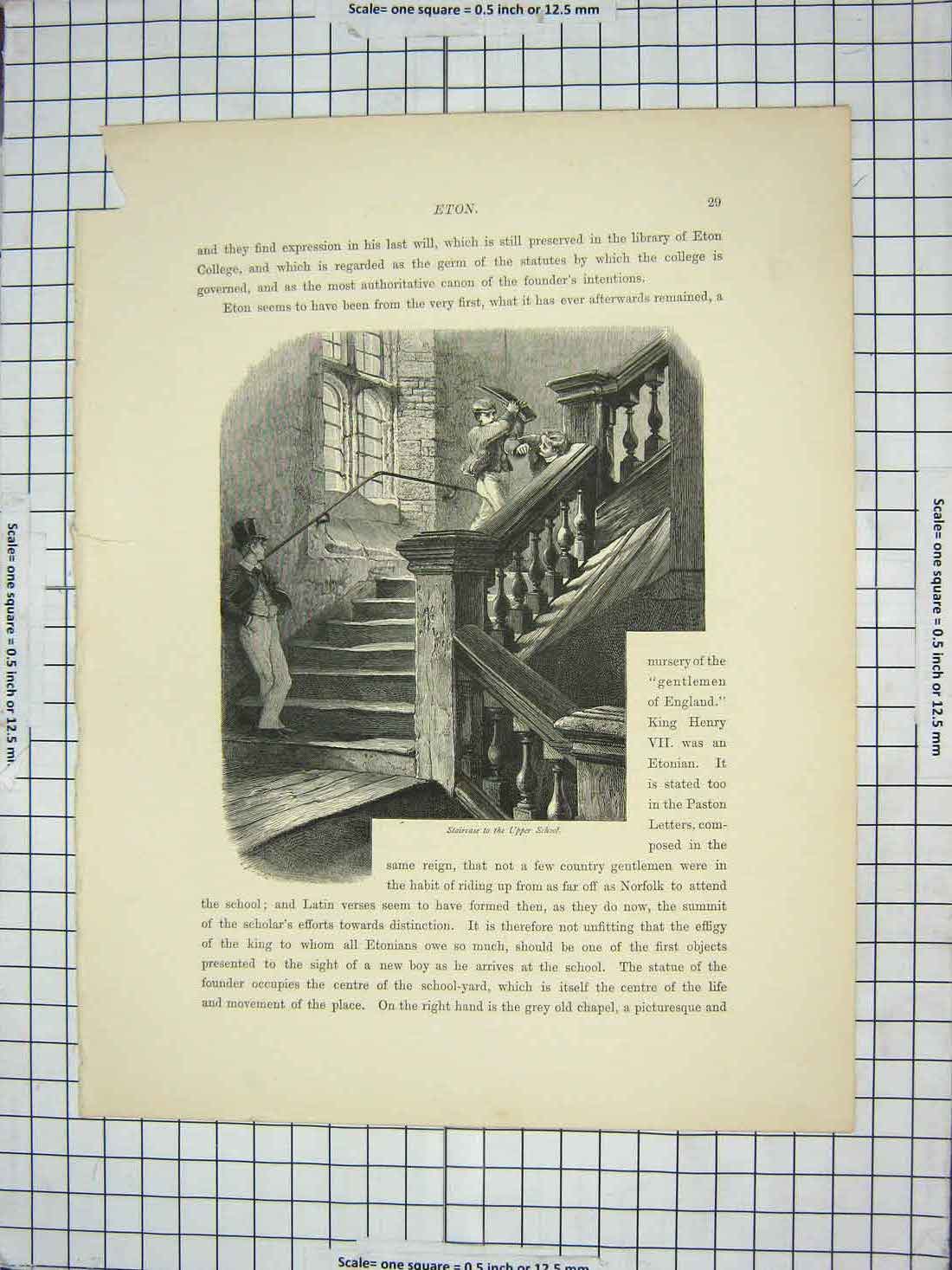 Original Old Antique Print Eton College Staircase Upper School 19th