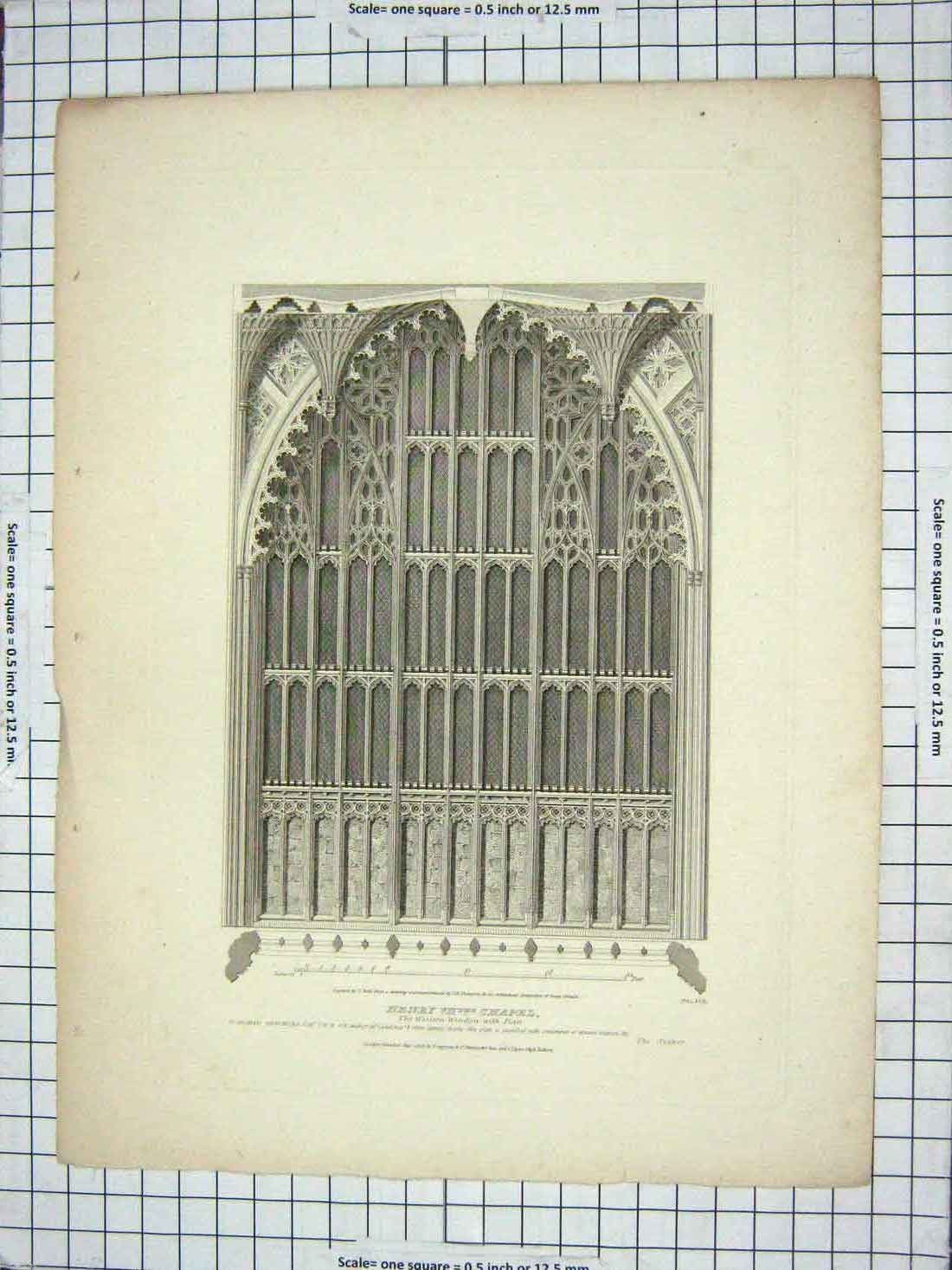 Original Old Antique Print 1808 Western Window Henry Vii Chapel Architecture