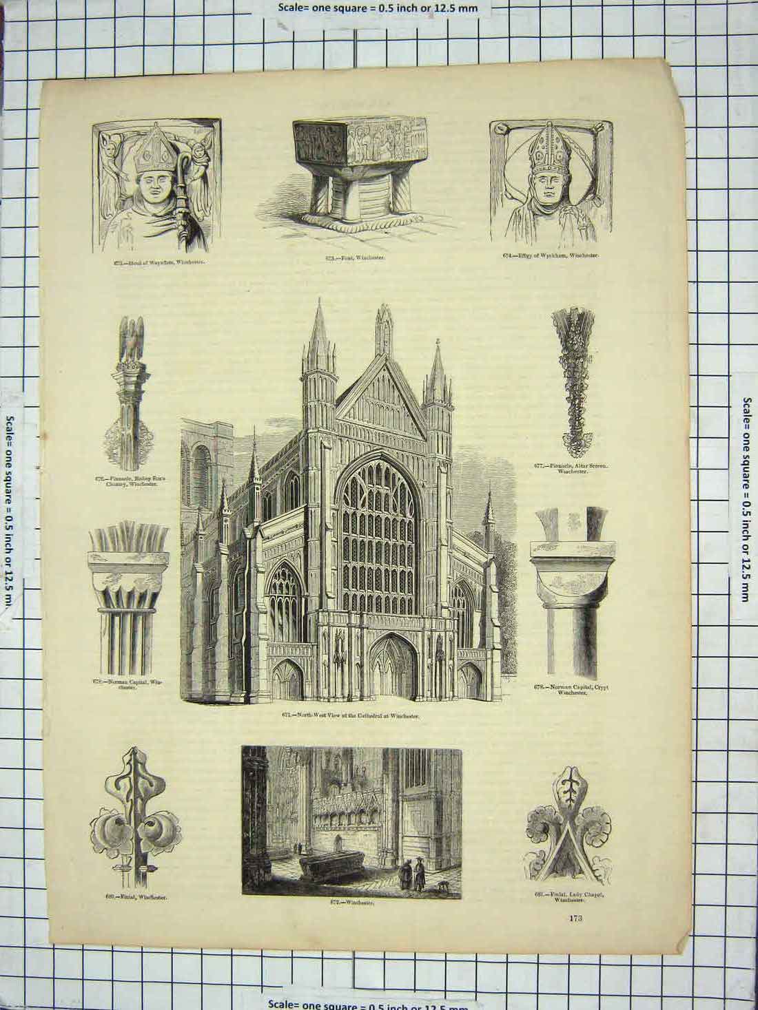 Old Antique Print Cathedral Winchester Lady Chapel Font Wyckham Chantry 20th
