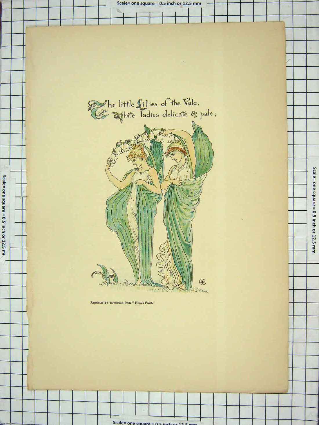 Original Old Antique Print Flora'S Feast Colour Lilies Flowers Ladies