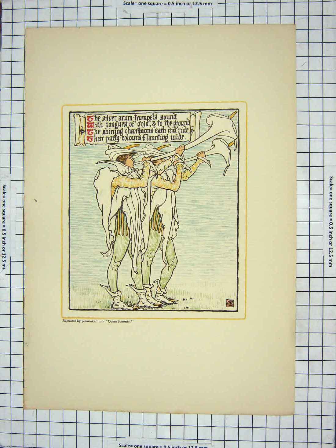 Original Old Antique Print Queen Summer Men Trumpet Poem Colour