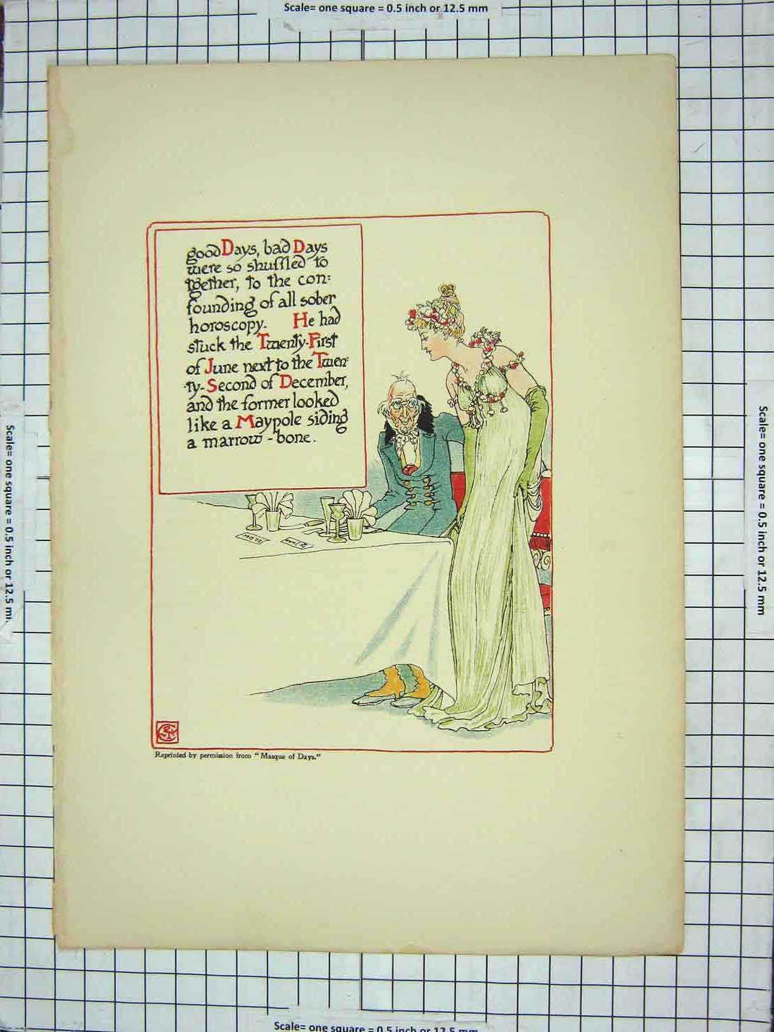 Original Old Antique Print Masque Days Poem Man Lady Dinner Table Colour