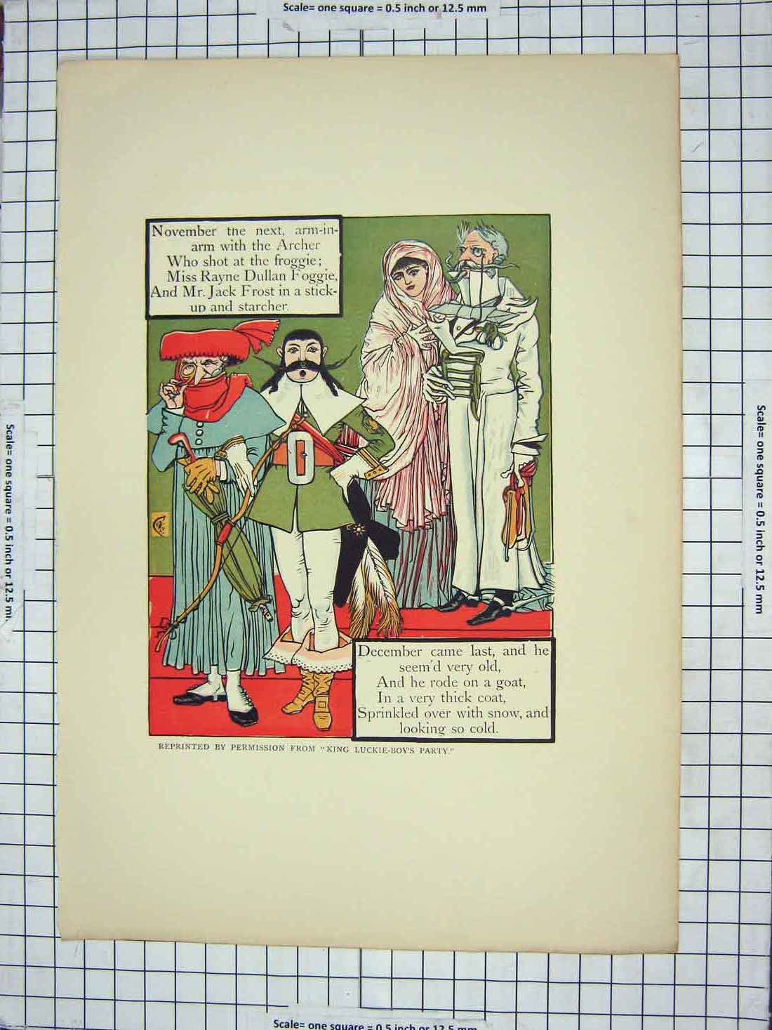 Original Old Antique Print King Luckie-Boy'S Party Peom Colour Jack Frost