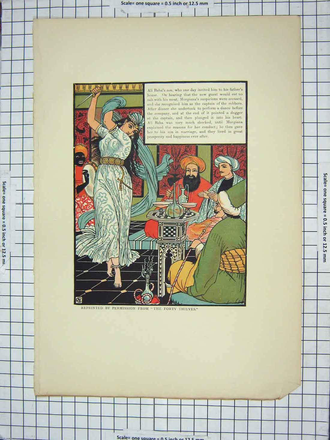 Original Old Antique Print Forty Thieves Ali Baba Morgiana Colour