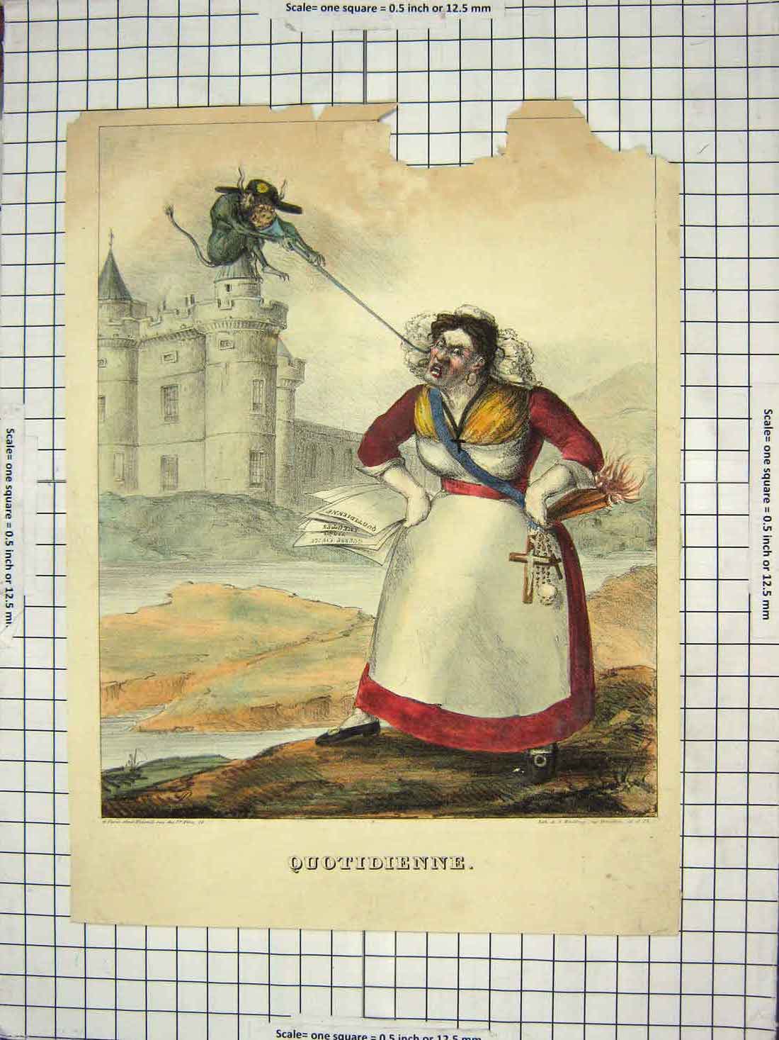 Original Old Antique Print Colour Quotidienne Lady Cross Gremlin