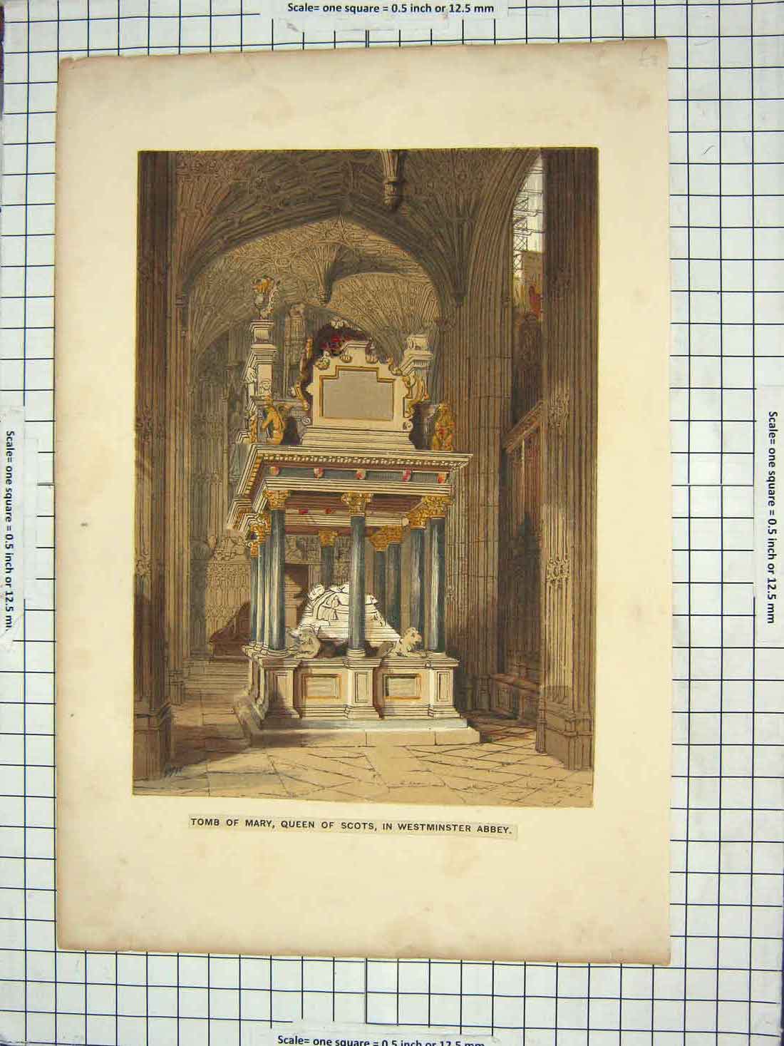 Original Old Antique Print Colour Tomb Mary Queen Scots Westminster Abbey