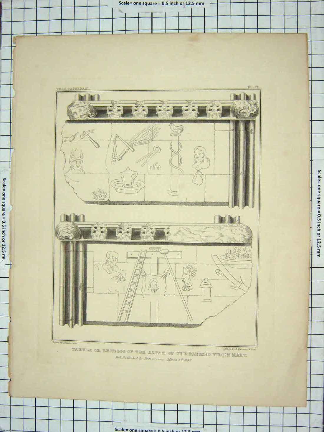 Original Old Antique Print Tabula Reredos Altar Blessed Virgin Mary 1847 Browne