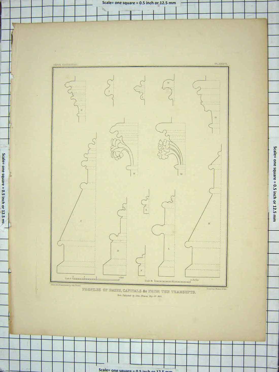 Original Old Antique Print 1840 Profile Bases Capitals Transepts Architecture