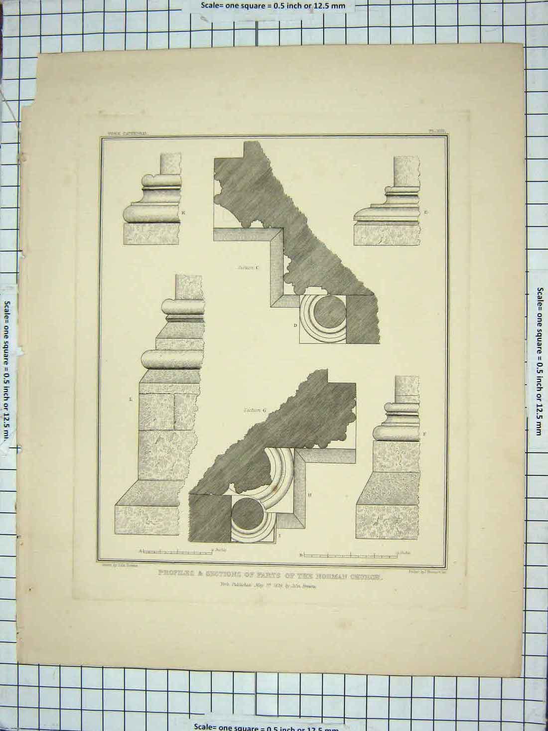 Original Old Antique Print 1839 Profiles Sections Norman Church Architecture
