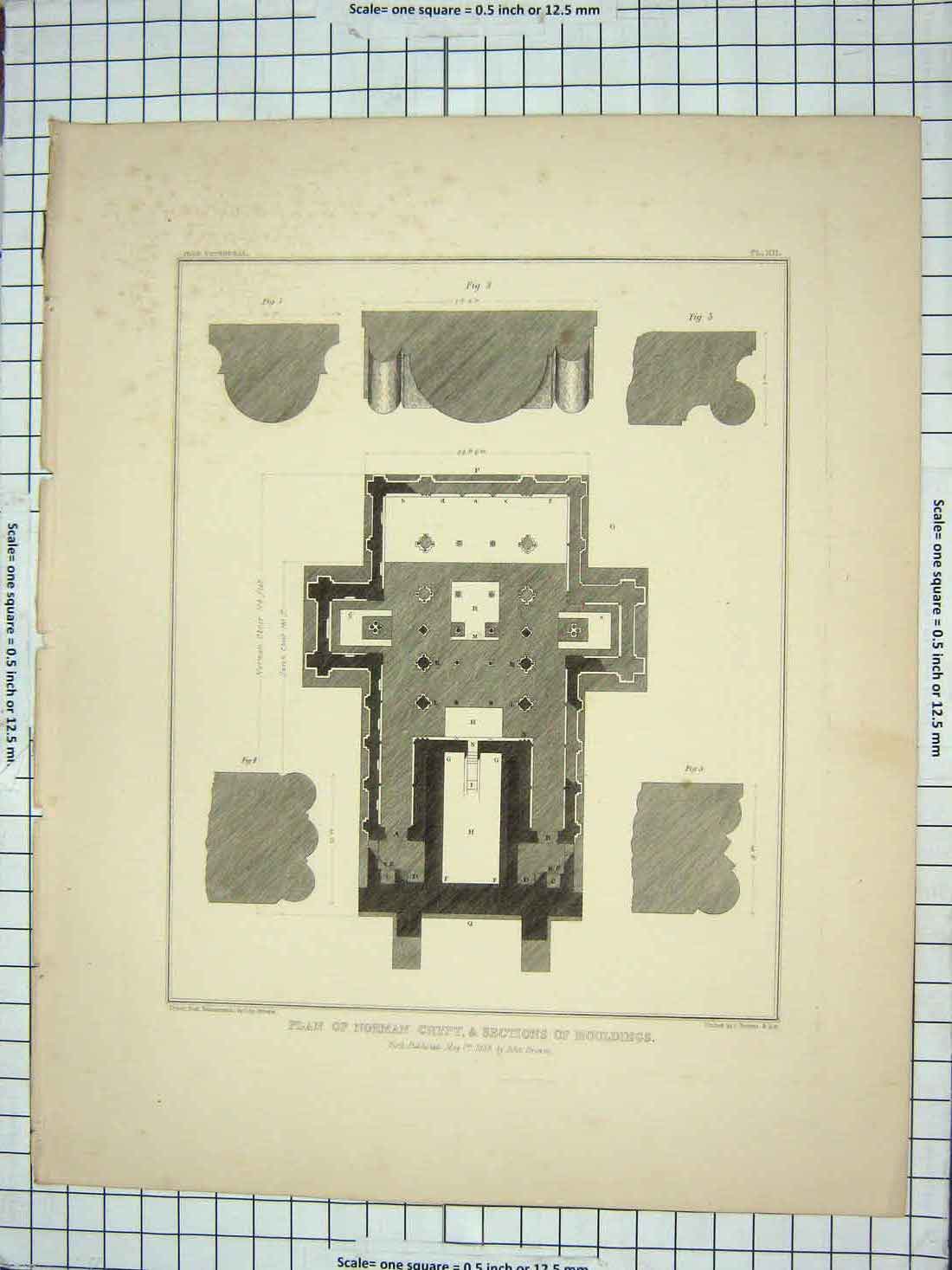 Old Antique Print 1839 Plan Norman Crypt Sections Mouldings Architecture 19th