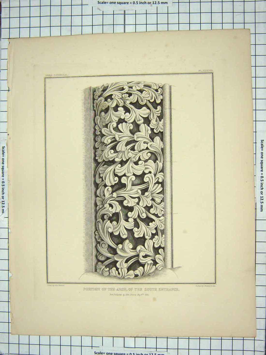 Original Old Antique Print 1840 Portion Arch South Entrance Architecture Browne