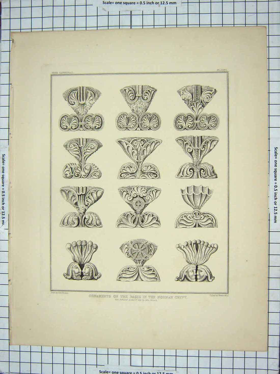 Old Antique Print 1839 Ornaments Bases Norman Crypt Architecture Browne 19th