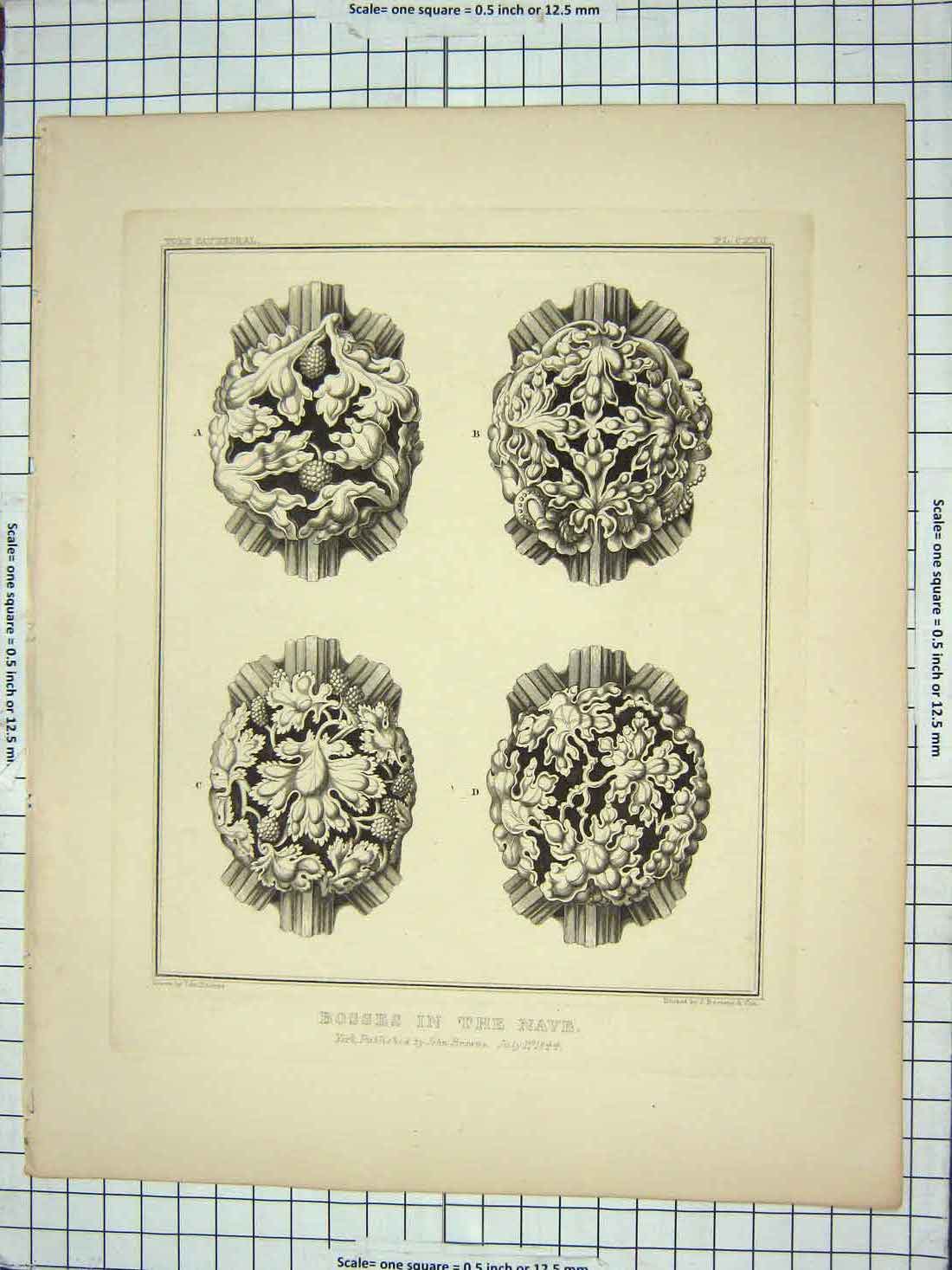 Original Old Antique Print 1844 Bosses Nave Architecture John Browne Engraving