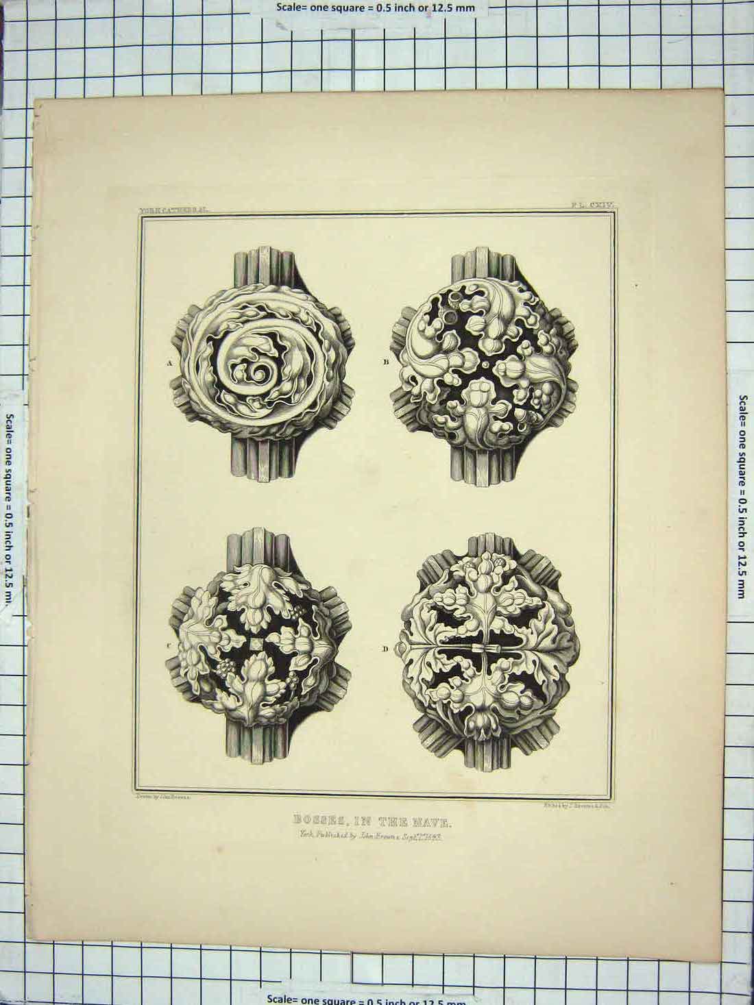 Original Old Antique Print 1843 Bosses Nave Cathedral Architecture John Browne