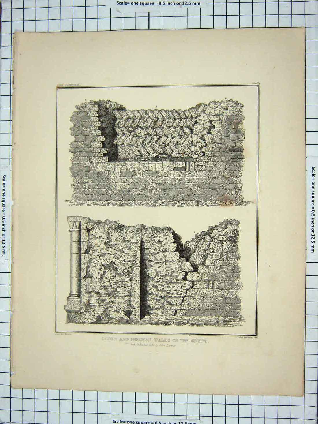 Original Old Antique Print 1838 Saxon Norman Walls Crypt John Browne Engraving
