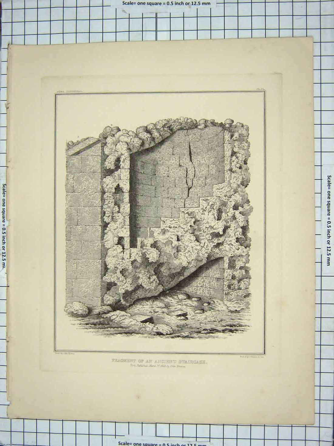 Old Antique Print 1839 Fragment Ancient Staircase John Browne Engraving 19th