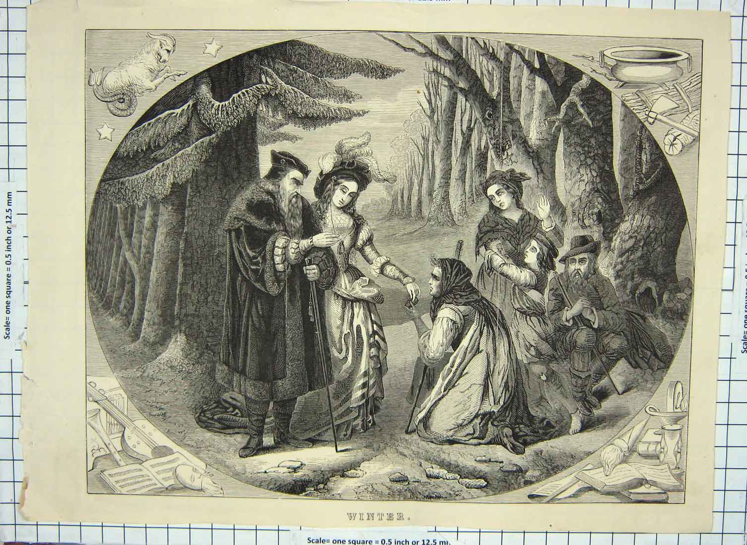 Original Old Antique Print Winter Scene Poor Family Begging Forest