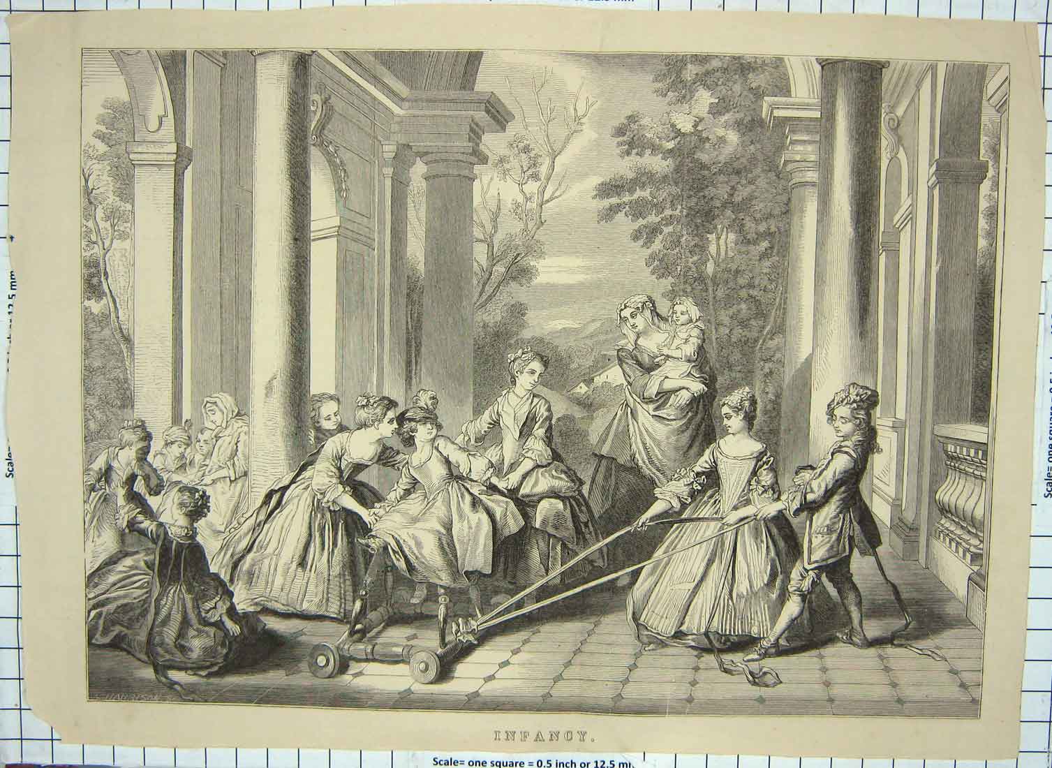 Original Old Antique Print Children Playing House Architecture