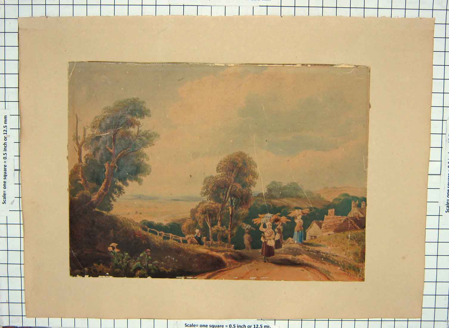 Original Old Antique Print Colour Landscape Mountains Trees Agriculture