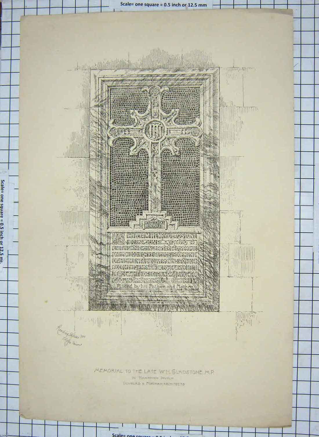 Original Old Antique Print Memorial Gladstone Hawarden Church Douglas Fordham