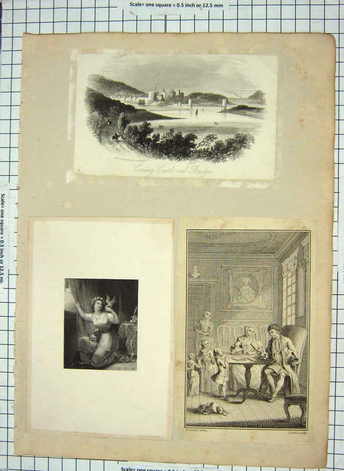 Old Antique Print Conway Castle Bridge Engraving Family Scene Lady Dove